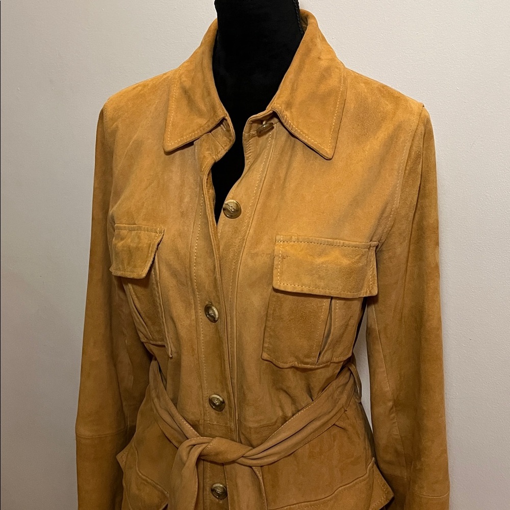 Vintage Tan Suede Trench Coat by Casual Corner, size S, belted, pockets,
